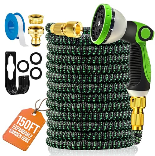 MOSII 150FT Expandable Garden Hose Pipe, Flexible Heavy Duty Water Hose Pipe Extendable with 10-Pattern Spray Nozzle, Brass Fittings, Hosepipes for Garden Car Washing (Green, 150FT/45.5M)