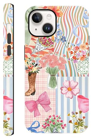 Yirlbey Handyhülle für iPhone 14 / iPhone 13 Hülle 6,1, Aesthetic Collage Schleifen Muster Motiv Design für Mädchen Schutzhülle Zweischichtige Stoßfest Weiche Bunt Silikon TPU Bumper Case, Blumen