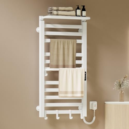 EMKE Scaldasalviette Elettrico Bagno 1000 x 500 mm, Bianco,280W, Termoarredo Elettrico Bagno con Mensola e Ganci, Temperatura Regolabile 30-70°C, Funzione Timer&Memoria,Scalda asciugamani