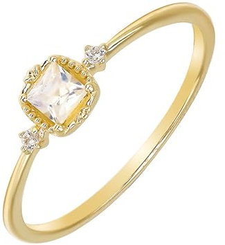 Mesnt 14K Gelbgold Ring Gold 585 Damen mit Smaragdform Mondstein und Moissanit, Größe 61 (19.4)