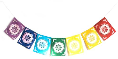 Bandiere di Preghiera Tibetane 7 Chakra con Mantra - Fatte a Mano in Nepal | Grandi 26x20cm per Giardino, Meditazione, Yoga