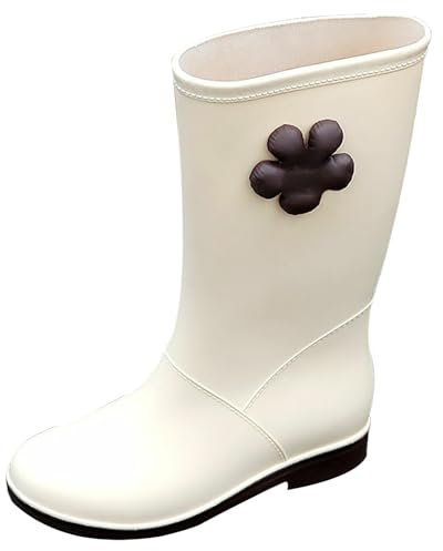 FNKDOR Stivali da pioggia da donna in gomma semi-buona, antiscivolo, impermeabili, decorati, bianco, 40 EU