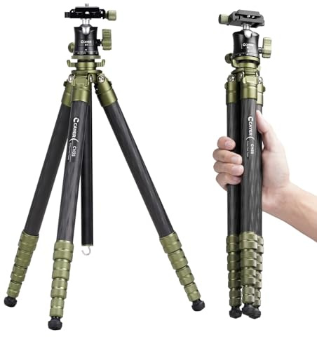 Cayer CH35 Treppiede da Viaggio con Testa Sferica, Treppiede Compatto in Fibra di Carbonio, Altezza 136 cm, Carico Max 8 kg (17.6 lbs) per Fotocamere Mirrorless, Videocamere, Smartphone e Webcam | Treppiede compatto 5 sezioni piastre tipo Arca portata 5 kg per videocamera telefono
