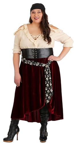 Buccaneer Costume Women Pirate Outfit for Adults with Dress Scarf Belt Sash Plus Size, Red, 4X