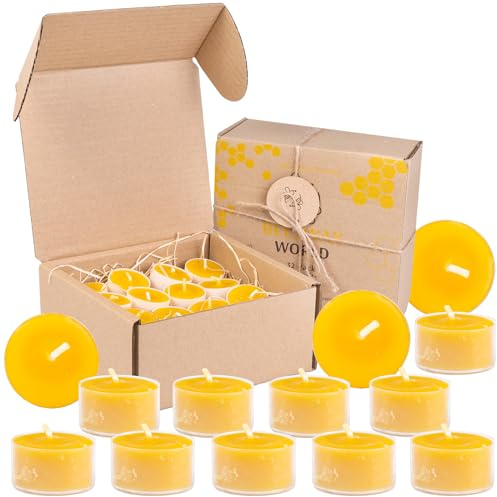 BeesWax World Lot de 10 à 50 bougies chauffe-plat en cire d'abeille avec mèches en coton - 4 heures de combustion - 10 à 50 pièces - Bougies en cire d'abeille avec plastique recyclé (32, Transparent)