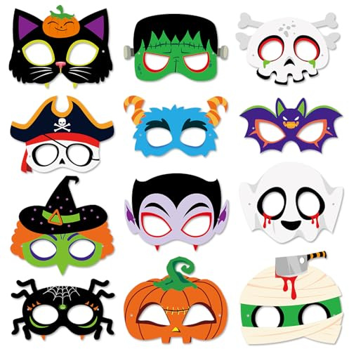 Qpout 24pcs Halloween Masques pour les enfants, dessin animé chat noir citrouille araignée sorcière chauve-souris papier masque pour les yeux Photo Booth accessoires pour Halloween Party favor