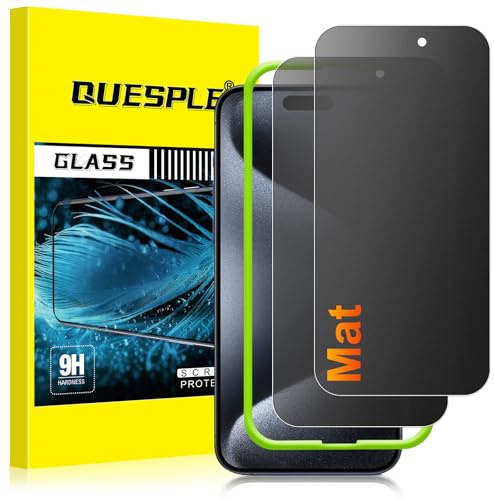 QUESPLE [2 Pièces] Mat Verre Trempé Anti-Espion pour iPhone 15 Pro, Anti-empreintes, Anti-éblouissement Matte Film Protection écran, Dureté 9H, Sans Bulles Privacy Film