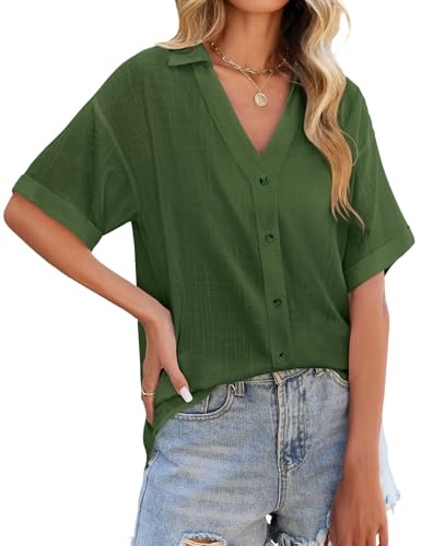 PASUDA Camicia Donna Estiva Lino Camicetta Manica Corta Elegante Blusa Scollo a V Maglietta con Bottoni Moda Casual Tinta Unita Tunica Copricostume Mare Tops(Verde,XXL)