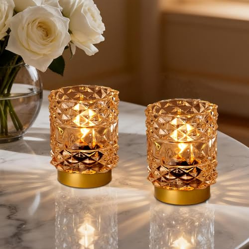 MJ PREMIER Battery Operated Lamp, Small Cordless Lamp with Timer, Amber*2 | Crystal Glass Lampshade, Small Table Lamps for Area No Plug, Decorative Led Light for Bedroom Living Room Shelf