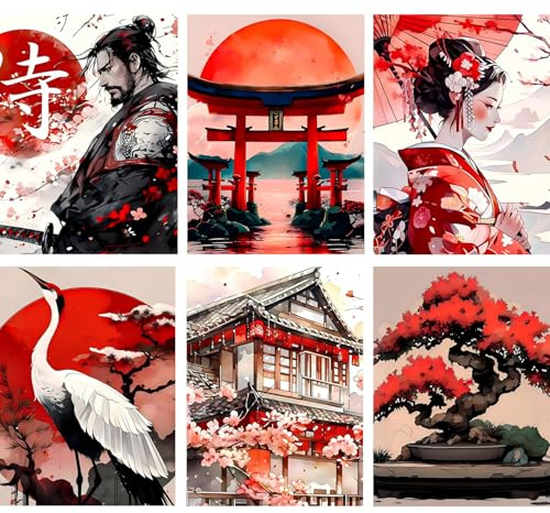 6 Pack Japanische Ästhetik Diamond Painting Bilder Erwachsene, 5D Diamant Painting Landschaft Bilder Erwachsene Anfänger, DIY Diamant Kunst Fluss Set Diamant Malerei Kinder für Home Dekor 30x40cm