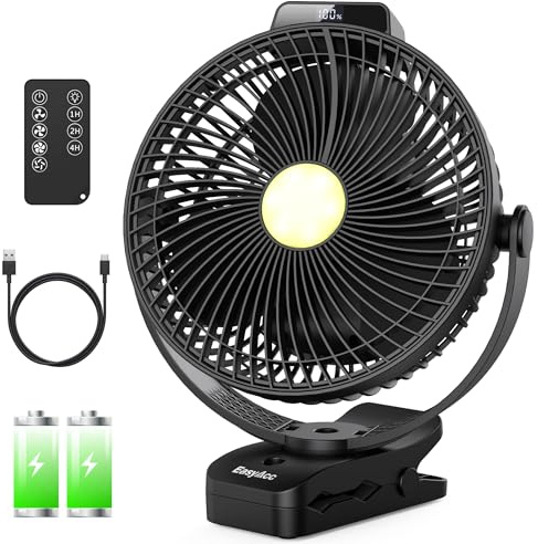 EasyAcc 20000mAh Camping Ventilator – 43 Std. Laufzeit, Fernbedienung & Timer, LED Licht, 360° Drehung, 4 Geschwindigkeiten, Powerbank-Funktion, Starker Luftstrom, Stabiler Klammer für Camping Angeln