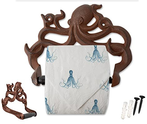 Decorative Cast Iron Octopus Toilet Paper Roll Holder – Wall Mounted Octopus Décor for Bathroom – Kraken, Nautical Bathroom Accessories – Easy to Install with included Screws and Anchors - Rust Brown