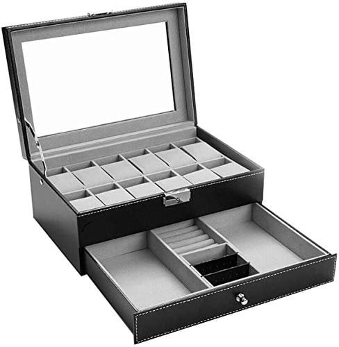 Watch Box-12 Slots Mens Watch Organizer Faux Leather Jewelry Display Pillow Case, Collection Box Storage, Lockable Watch Case Bracelet Tray with Glass Drawer for Storage and Display
