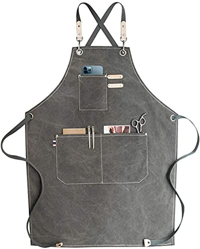 RAPRON Ajustable Delantal de Trabajo Mandil de 100% Algodón Unisex con Diseño de Espalda Correas Cruzadas de Moda para Cafetería Tienda de Postres Restaurante para cocinar/Hornear/Asar