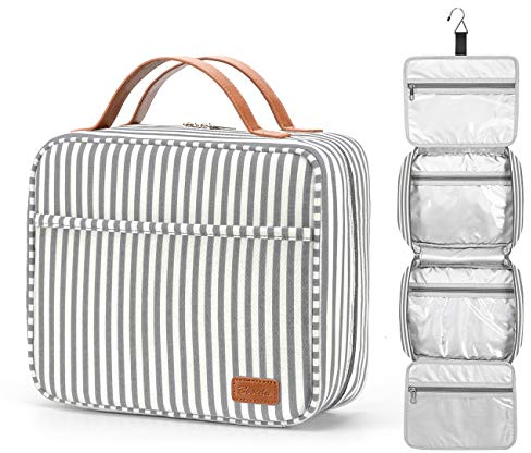 Kulturbeutel, zum Aufhängen, große Kapazität, wasserdichte Kosmetiktasche, Make-up-Organizer mit 4 Fächern und stabilem Haken für Damen und Herren Grau und Weiß gestreift Large