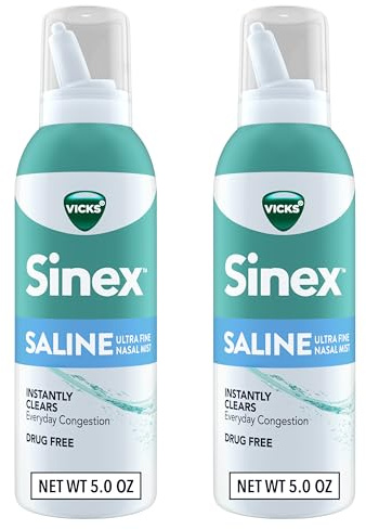 Vicks Sinex SALINE Nasal Spray, Drug Free Ultra Fine Mist, Clear Everyday Sinus Congestion Fast, Clear Mucus from a Cold or Allergy, Daily Use 5.0 fl oz x 2