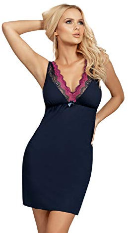 Selente Sweet Dreams Camicia da Notte Donna con Dettagli in Pizzo, Blu/Fucsia Smanicato, 44