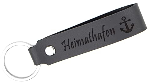 TIDERO Schlüsselanhänger Leder mit Gravur Heimathafen, beidseitig | Hamburg, Bremen, Rostock - Geschenk, Geburtstag | 100% Handmade in Germany - Grau (Grau)