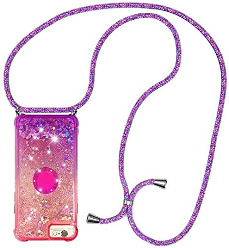HongMan Handykette Hülle für iPhone 6 Plus/iPhone 6s Plus - Quicksand Glitzer Hülle mit Band - Silikon Handyhülle mit Kordel Umhängenband - Schnur mit Treibsand Case zum Umhängen,Pink + Lila