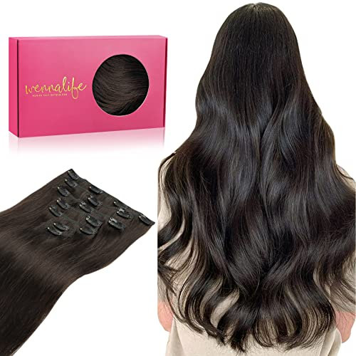 WENNALIFE Clip in Extensions Echthaar, 35cm 14 Zoll 120g 7pcs Dunkel Braun Hair Extensions Clip in Echthaar Remy Clip in Haarverlängerung Natürliche Echthaar Extensions