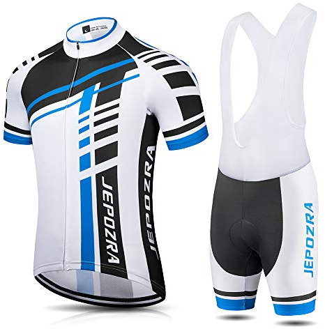 JEPOZRA Completo Ciclismo Uomo Estivo Abbigliamento Mountain Bike Tuta MTB Trek Maglia Ciclismo Manica Corta e Pantaloncini Bici Imbottiti Salopette Ciclismo Gel (M, Blu)