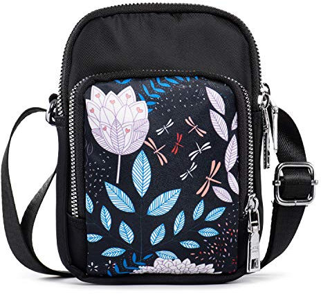 Damen Mädchen Kleine Umhängetasche Stofftasche Handytasche zum Umhängen mit Süßes Muster, 3 Fächer und Langer Riemen (Blume)