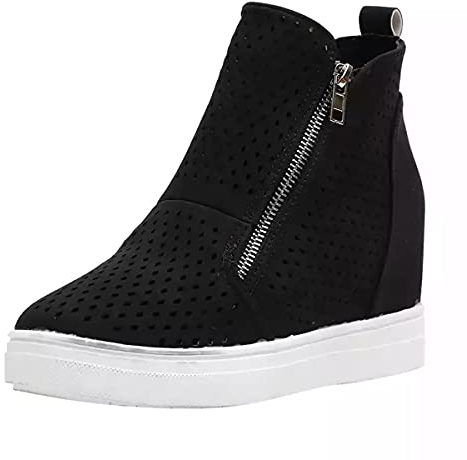 LONG-M Sneakers con Zeppa da Donna Zeppe Nascoste con Cerniera Laterale in Pelle Scamosciata con Plateau Stivaletti alla Caviglia Casual High Top Sneakers,Nero,36