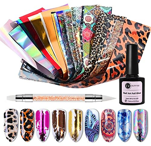 Lillyvale Nail Foils Glue Adhesive Nail Transfer Foil Art Mixed Decal Stickers 50PCS Silicon Nail Pen Kit Set Tips Manicure UV LED Lamp Required DIY Soak Off, Clear