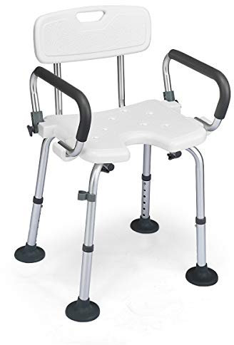 Multigot Shower Chair, Height Adjustable U-Shaped Bath Stool with Anti-Slip Helical Pads, Shower Buckle, Removable Back and Armrests, Aluminium Bathroom Seat for Elderly Disabled Seniors (White)