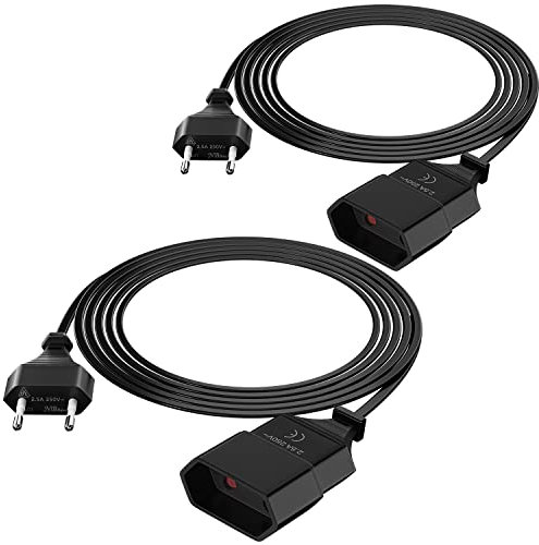 Verlängerungskabel 2m 2 Packs, Netzkabel 2 Polig, PABANCE Stromkabel Verlängerung Power Cable 250V Typ-C Eurostecker auf Typ-C Euro Buchse TV Computer Monitor Beamer Lampe Haushaltsgeräte, Schwarz