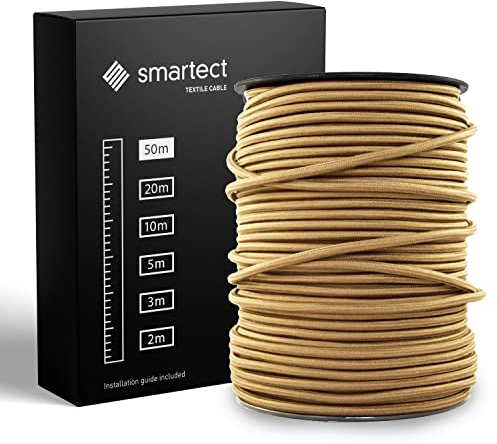 smartect Braided Cable, Light Brown, 50 Metres 3 Core Electrical Cable (3 x 0.75mm²) Vintage Fabric Electrical Wire for your DIY project