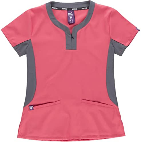 Work Team Workteam Casaca Sanitaria Manga Corta, Tejido Elástico, Cuello a Redondo con Cremallera Camisa Médico, Enfermera, Dentista, Estética, Veterinaria. Unisex Rosa Fucsia+Gris S