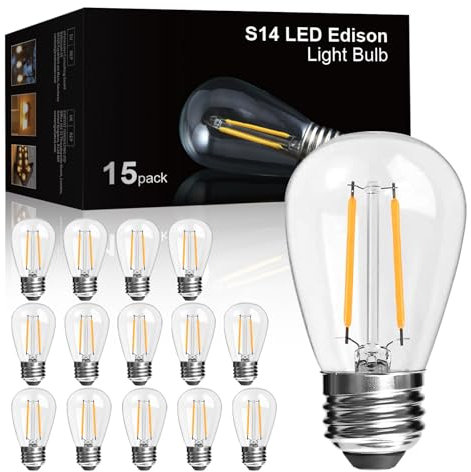LangPlus+ Pack de 15 bombillas LED S14 de 2 W, casquillo E27, 2700 K, blanco cálido, irrompibles, para cadena de luces al aire libre, no regulable, 2 W equivalentes a 20 W
