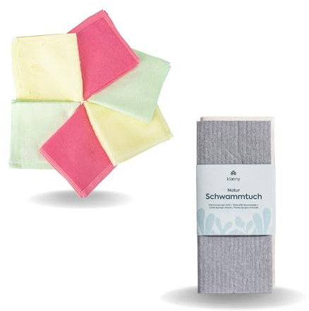 Ko&Pro 100% Bambus Tücher 6er Set 25x25 cm + 2X Klaeny Naturschwammtücher | Mehrzweck-Reinigungstücher für Hochglanz-Küchen, Bad, Haushalt, Küche & Streifenfreie Fenster + DIY-Rezeptesammlung