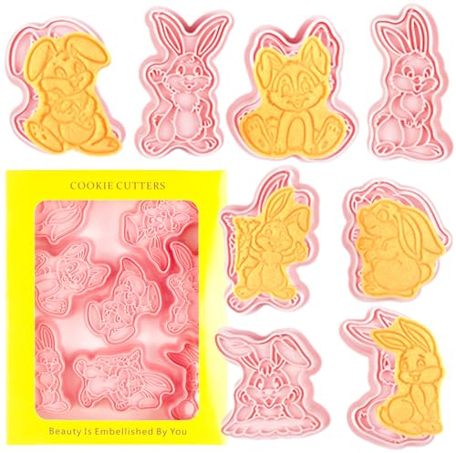 KAISHANE 8 x Oster-Ausstechformen und Stempel aus Kunststoff, Osterhasen-Ausstechformen, Osterhasen, Keksformen, Ostern, DIY, Fondant-Formen für Kinder.