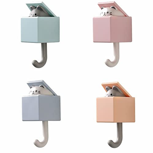 EPMANN 4 Pcs Cute Pet Hooks, Creative Adhesive Coat Hook Without Drilling, Utility Cat Key Wall Hook Holder, Cute Decorative Coat Wall Cat Hooks Plastic Pet Wall Hooks for Coat Hat Towel Bag