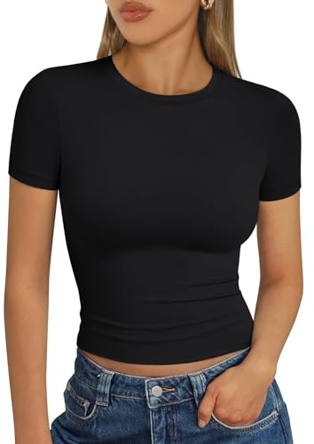 Trendy Queen Womens Basic T-Shirts Scoop Neck Short Sleeve Crop Tops Cute Summer Tops Slim Fit Tees Y2k Clothing 2024, Black, S