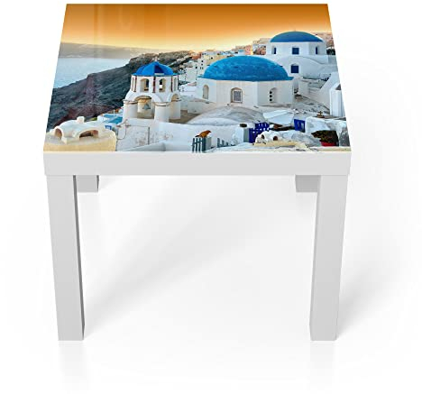 DEQORI Glastisch | weiß klein 55x55 cm | Motiv Blaue Kuppeln von Oia | ausgefallener Beistelltisch aus Glas | Hochglanz Couchtisch fürs Wohnzimmer | moderner Couch Tisch mit Design