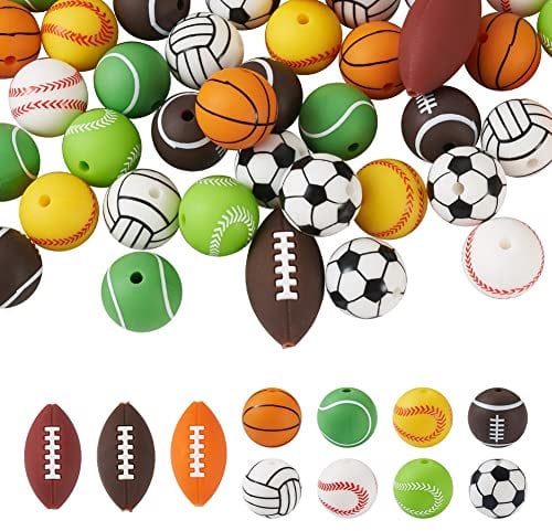 Boutigem 54 perline rotonde in silicone da rugby, pallacanestro, palla da tennis, perline sportive per la creazione di gioielli, bracciali, collane, borse, portachiavi, decorazioni