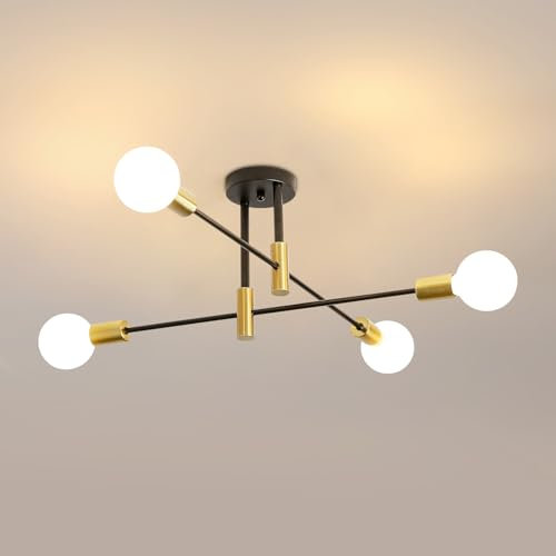 Dorlink Sputnik Ceiling Light, Black and Gold Plating Finished Semi Flush Mount Ceiling Light, Mid Century Industrial Vintage Metal Ceiling Lamp for Bedroom, Living Room, Kitchen, Dining Room