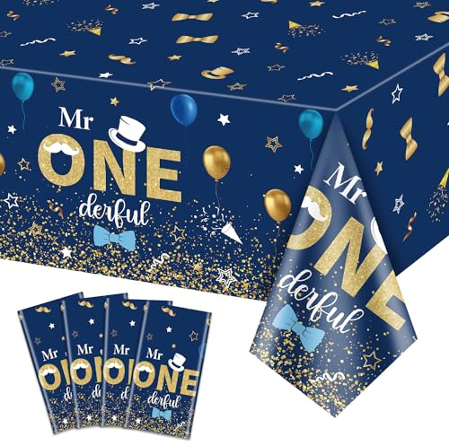 XJLANTTE 4 Stück Tischdecken zum 1. Geburtstag – rechteckige Tischdecken in Marineblau und Königsblau für Babypartys zum ersten Geburtstag, Partyzubehör, 139,9 x 218,6 cm (Mr Onederful)