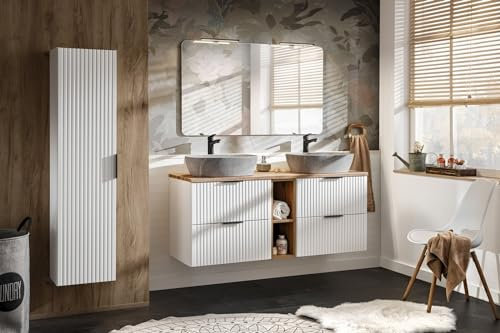 NAKA Adel Badmöbel-Set mit 2X Waschbecken Waschtisch 140 cm Spiegel mit LED-Beleuchtung Badschrank Soft Close Schubladen Badezimmerschrank Waschbeckenunterschrank Komplettes Set Montiert Weiß