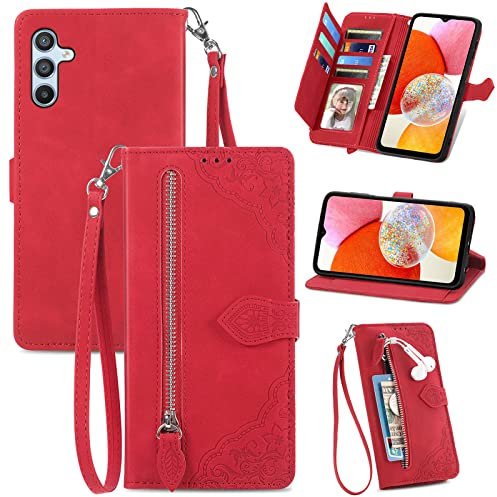 JayModCase Coque pour Samsung Galaxy A14 4G, PU Portefeuille Rabat Fermeture aimantée étui en Cuir [Antichoc TPU] [Fonction Support] [Dragonne] Étui pour Samsung A14 4G - Rouge