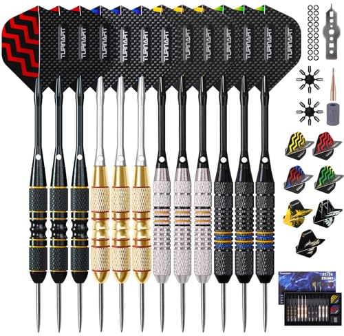 Turnart Dartpfeile mit Metallspitze, 12 Stück Profi Steeldarts mit Dart Case