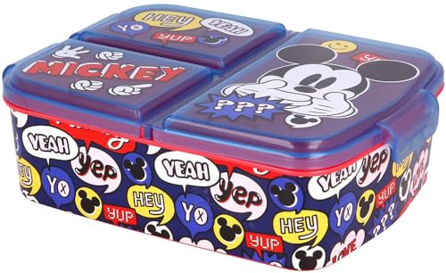 CARTOON Wiederverwendbare Brotdose mit mehreren Fächern aus Kunststoff, Lunchbox mit drei Fächern für Schule und Freizeit (Micky Maus (1))