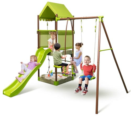 KOMFOTTEU Ensemble de balançoires de jardin pour enfants, siège balançoire enfants 7 en 1, corde d'escalade, balançoire, toboggan et échelle, toboggan et balançoire, hauteur réglable pour usage
