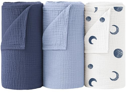 Bearmoss Baby Pucktuch Musselin Decke 100% Baumwolle Baby Pucktücher Empfangsdecken 120x120cm Atmungsaktive Babydecke Baby Swaddle Decke 3pack für Unisex-Jungenmädchen (Blue Moon)