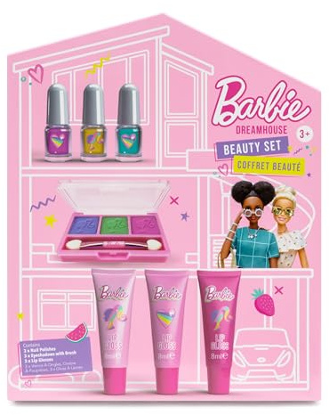Children's Dreamhouse Beauty Gift Set – 7 Piece Make-Up Set with Nail Polish, Eyeshadow & Lip Gloss – Kids Beauty Gift – Official Barbie Merchandise