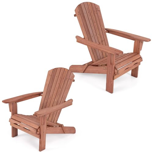 KOMFOTTEU Adirondack Stuhl aus Tannenholz, Klappstuhl mit Rückenlehne und Armlehnen, Gartenstuhl bis 180kg belastbar, Holzstuhl für Terrasse, Balkon, Veranda (Natur, 2 Stück)