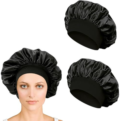 iLamvie 2 pezzi Cuffia Seta Capelli Ricci,Silk Bonnet,Berretto Da Notte Raso Elastico Per Dormire Cappello Da Notte Per Donna Berretto Da Notte Raso Per Donna Ragazza(Nero)
